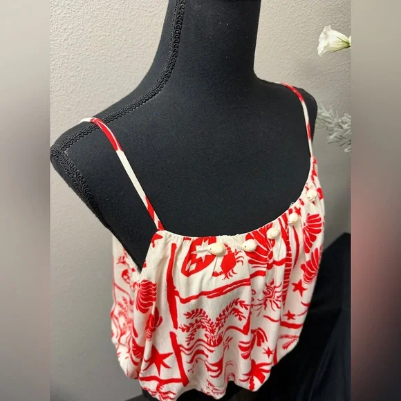 Peach Bohemian Orange & Off-White Shell Lined Bubble Style Hem Cami Top -Size M - Picture 6 of 10